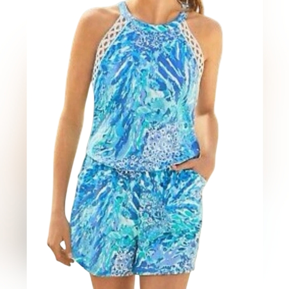 Lilly Pulitzer NWT Lala Romper Haven Hey Hey Soleil Blue White Size Large 001702 - Picture 3 of 9